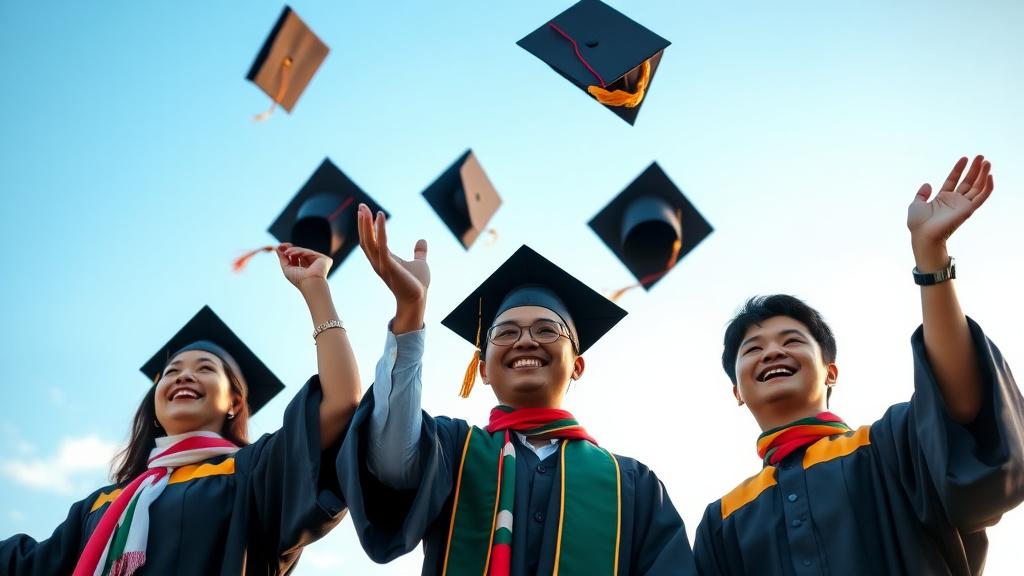 Diverse Malaysian university graduates celebrating with caps thrown in the air