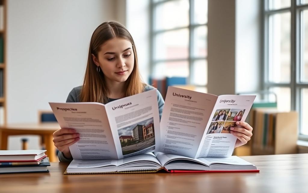 A student comparing university brochures