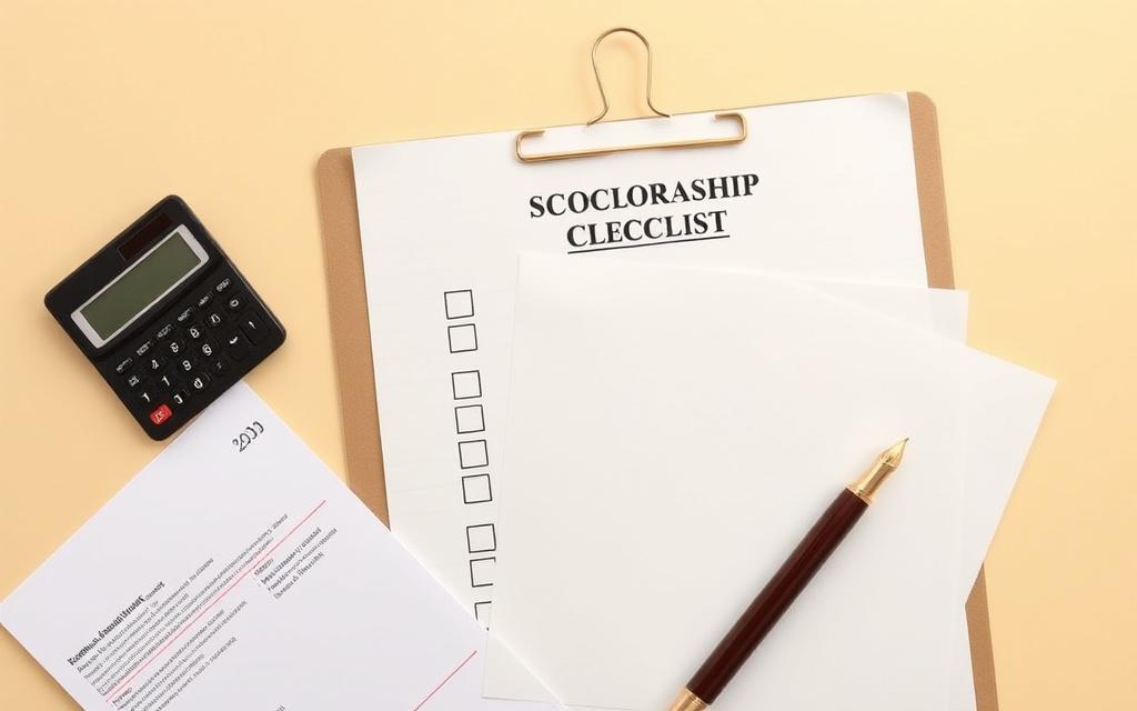 A scholarship application checklist with documents