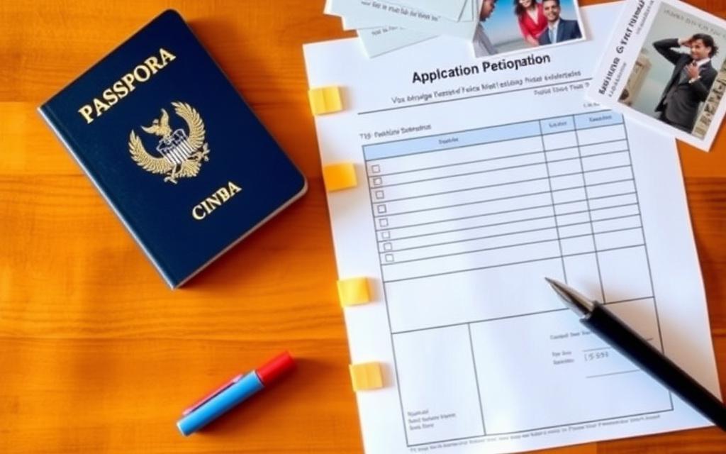 A passport and visa application documents