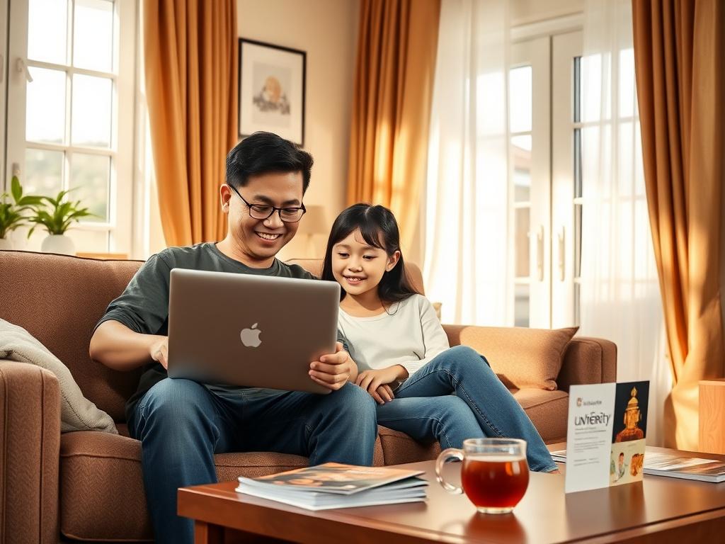 A Malaysian parent and student reviewing course brochures at home