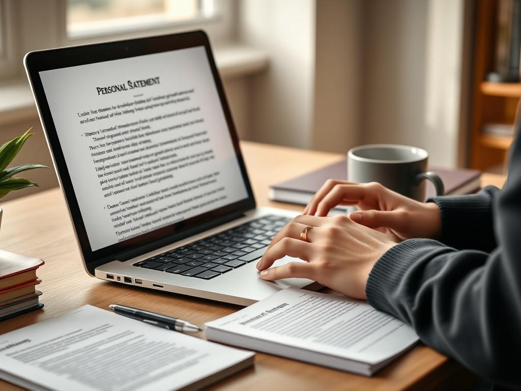 A student typing a personal statement on a laptop at a clean desk