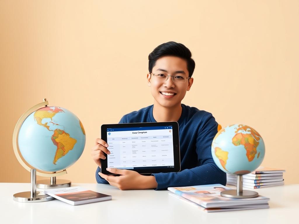 A Malaysian student comparing course brochures on a tablet
