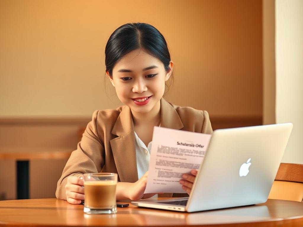 A young Malaysian woman reading a scholarship offer letter at a cafe table