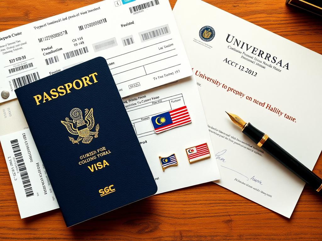 Passport visa documents and acceptance letter laid out on a wooden desk
