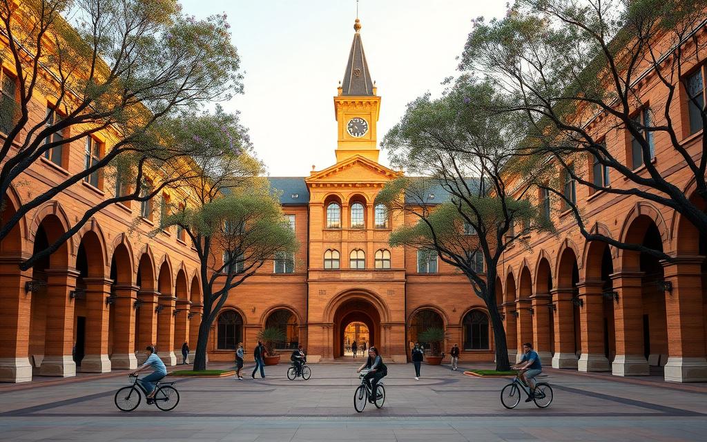 A sandstone Australian university quadrangle with jacaranda trees in bloom