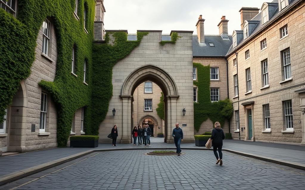 A historic Irish university quadrangle with cobblestones and ivy-covered Georgian buildings