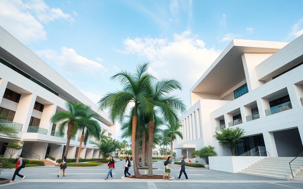 A modern Malaysian university campus with palm trees and white concrete academic buildings