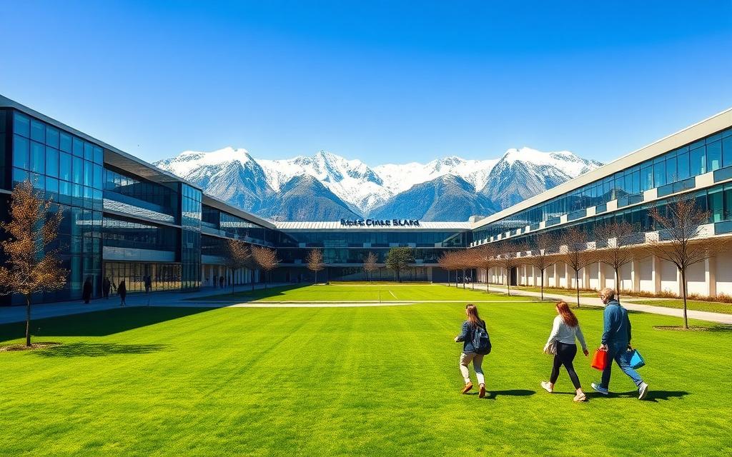 A New Zealand university campus framed by the snow-capped Southern Alps