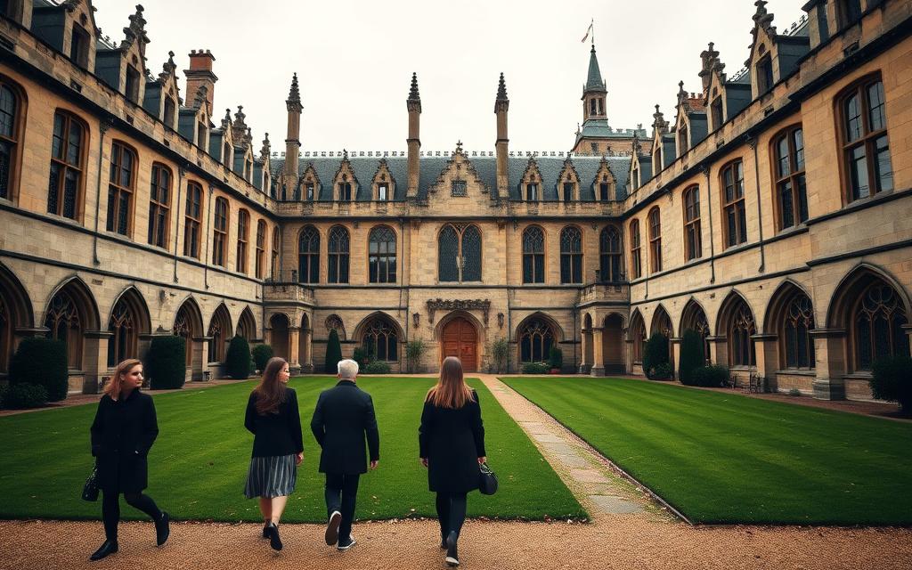 A traditional United Kingdom university quadrangle with gothic stone buildings