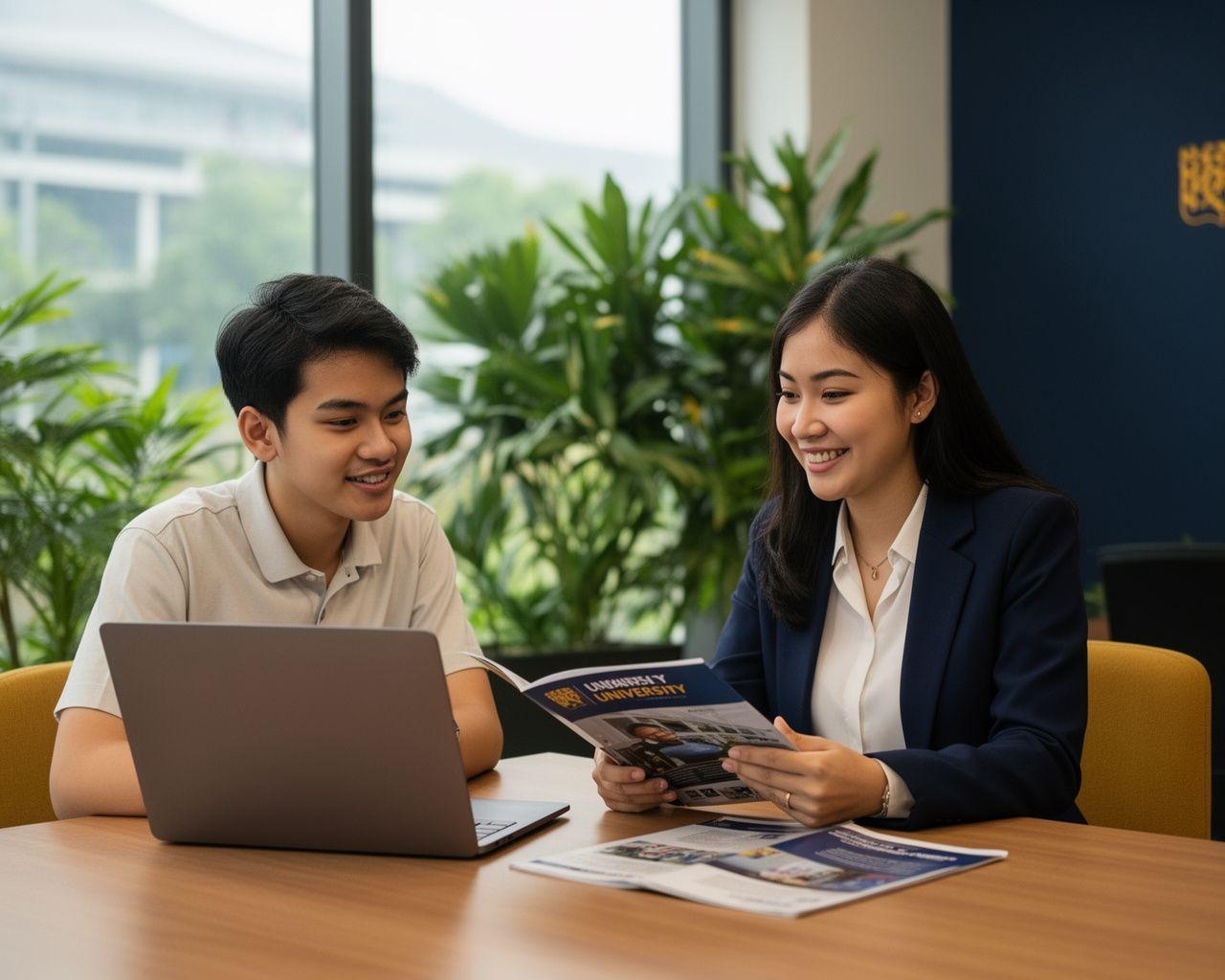 A Zestplex education advisor walking a Malaysian student through a university shortlist in the Cyberjaya office